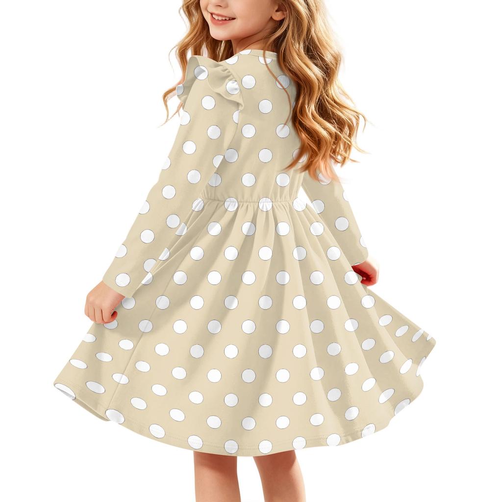 Girls Christmas Print Dress with Sleeves Long Sleeve Holiday Party Dress