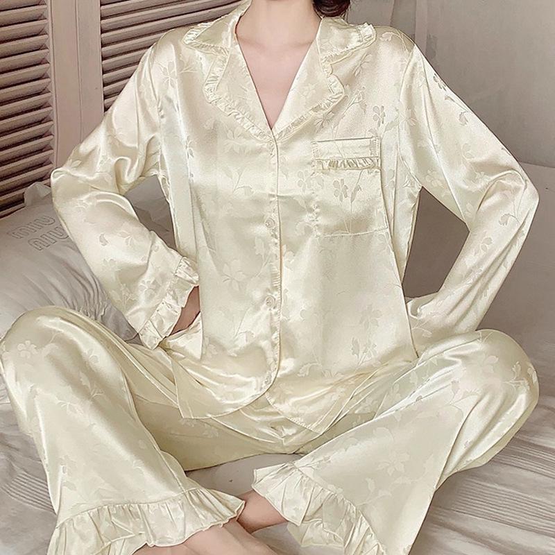 Women's Floral Ruffle Pajamas: Light Luxury Ice Silk Long Sleeve Two-Piece Set for Spring and Autumn