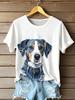 European & American 3D Printed Denim Pet Dog Round Neck Short Sleeve Women's Casual Loose Top, 2026 Style