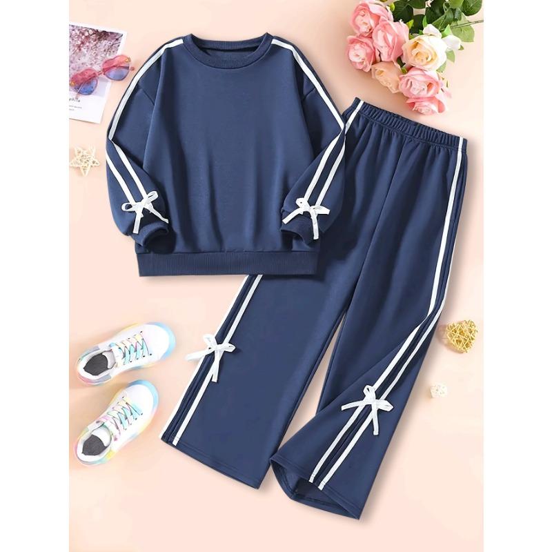 

High-Rated Girls Spring/Autumn Outfit: Navy Blue Versatile Round Neck Top + Fashionable Straight-Leg Pants Set with Side Webbing Design 140cm темно-синий