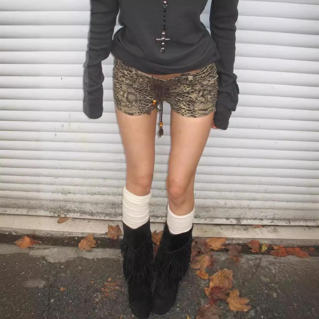 European Retro Leopard Print Lace-up Denim Shorts - Women's Y2K Low-rise Slim A-line Hot Pants
