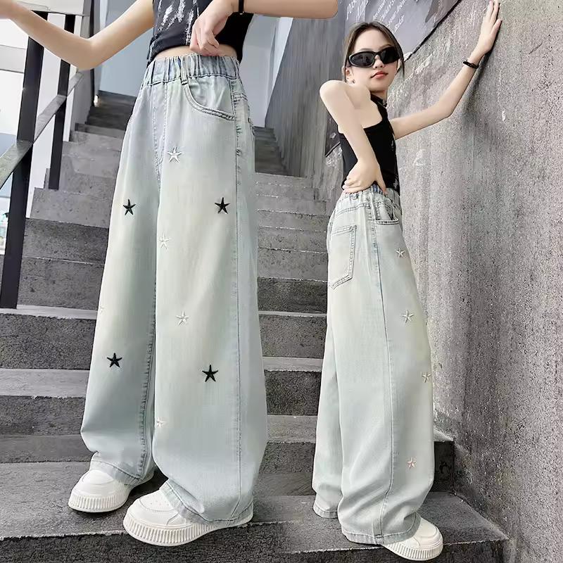 

Spring Autumn Girls Jeans Embroidery Five-pointed Star Loose Pants Teen Girls Stylish Denim Wide Leg Pants 160