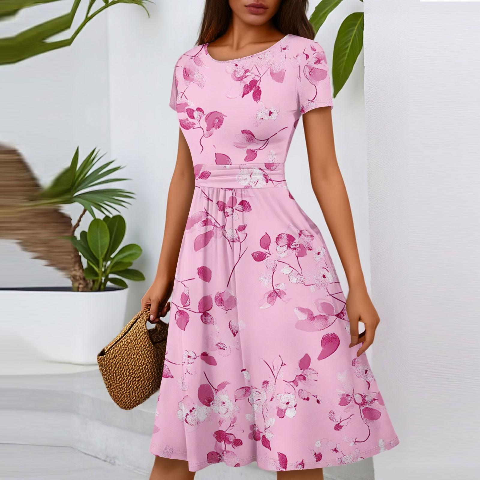 

Women s Casual Fashion Round Neck Pleated Short Sleeve Floral Print A-Line Midi Dress XL рожевий