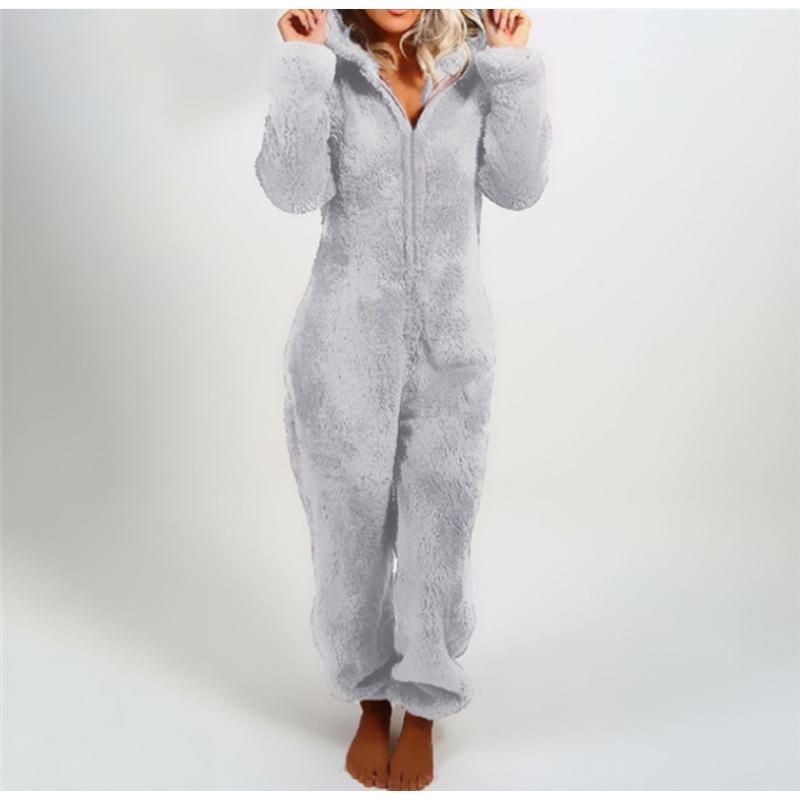2024 Trendy EU & US Fall/Winter Fleece-Lined Thick Hooded Jumpsuit Pajamas for Women