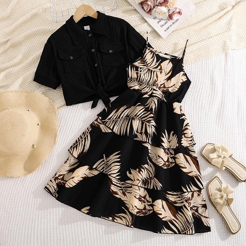 Sweet Girl s Dress - Summer Children s Elegant Printed Halter-neck Dress with Short Sleeves and Cardigan Style Jacket 130cm=8Y чёрный
