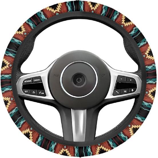 Steering Wheel Cover Ethnic Style Auto Wheel Cover Made of Coarse Flax, Fits 14 1/2-15 1/4 inches Car Wheel - Retro Red Westen Tribe