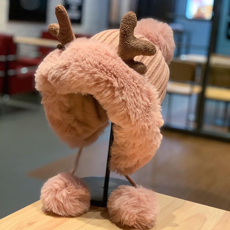Winter hat women's Korean version cute antlers, ear protectors, plush hat, Christmas hat, plush and thickened Lei Feng hat, thermal hat
