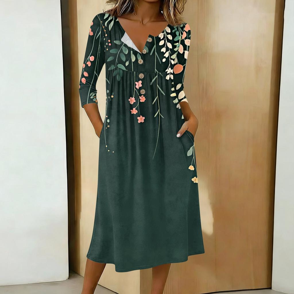 Women's Casual 3/4 Sleeve Button-down Mid-length Dress