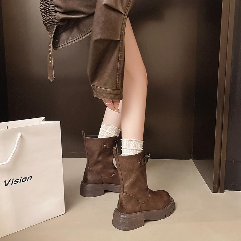 Round head belt buckle short boots women's autumn 2025 new retro versatile short fashion boots