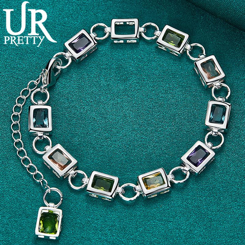 

URPRETTY 925 Silver AAA Multicolor Water Drop Zircon Chain Bracelet For Women Wedding Engagement Charm Jewelry Gift 20cm