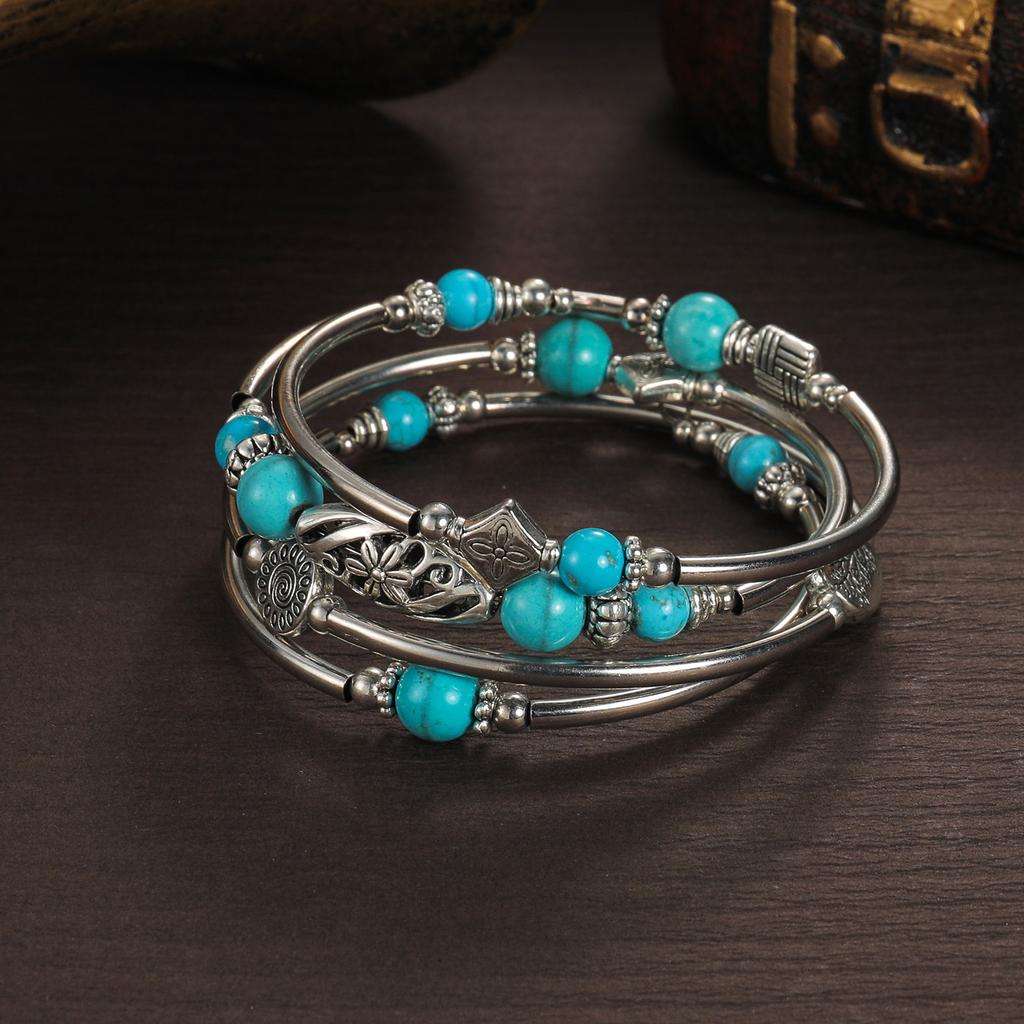 Retro tiger eye stone turquoise bead mixed with geometric pattern tube splicing multi-layer women's bracelet