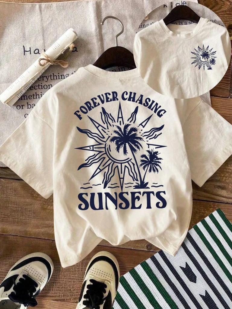 Sun and Coconut Tree Print Short-sleeved T-shirt Casual and Versatile Style Suitable for Summer Daily Wear and Going Out