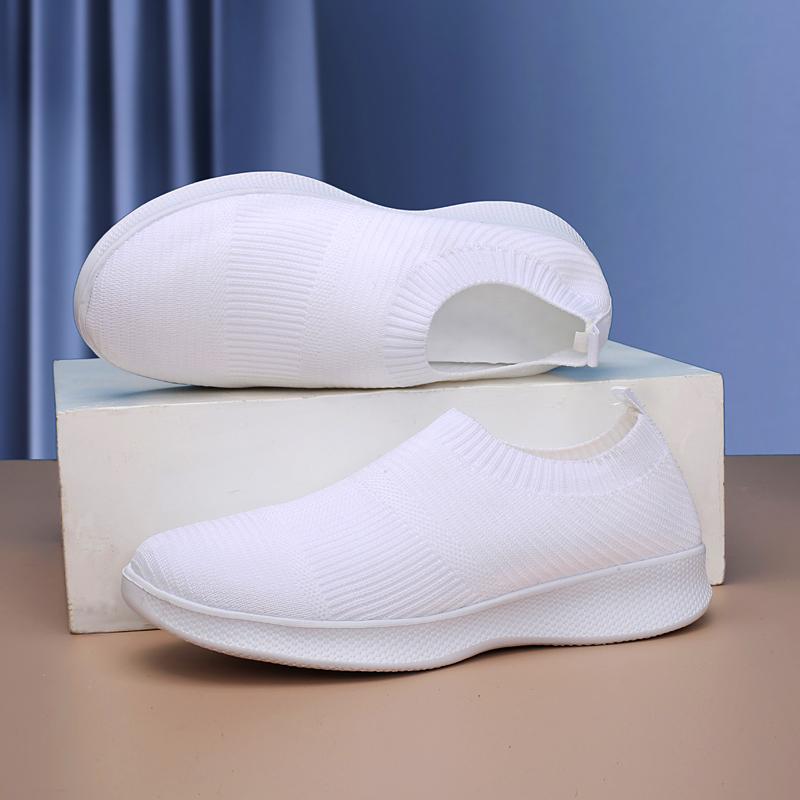 White Knitting Sock Sneakers Women Flat Shoes High Quality Woman Sneakers Slip On Flats Loafers Plus Size 44 Walking Flat Black