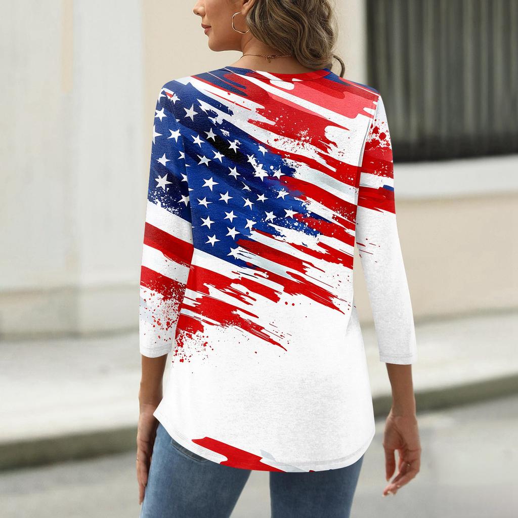 Women's T Shirt Independence Day Print Button 3/4 Sleeve Daily Weekend Fashion Basic V- Neck Regular Top
