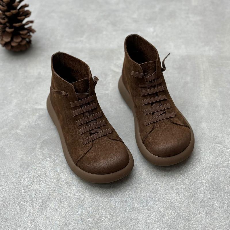 Women Genuine Leather Short Boots Round Toe Genuine Leather Handmade Retro Street Style Winter Warm Flats Ankle Boots