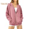 Fall Winter Women Zipper Coat Hooded Pure Color Zip-up Warm Long Sleeves Drawstring Pockets Stripe Elastic Cuff Hem Sport Jacket
