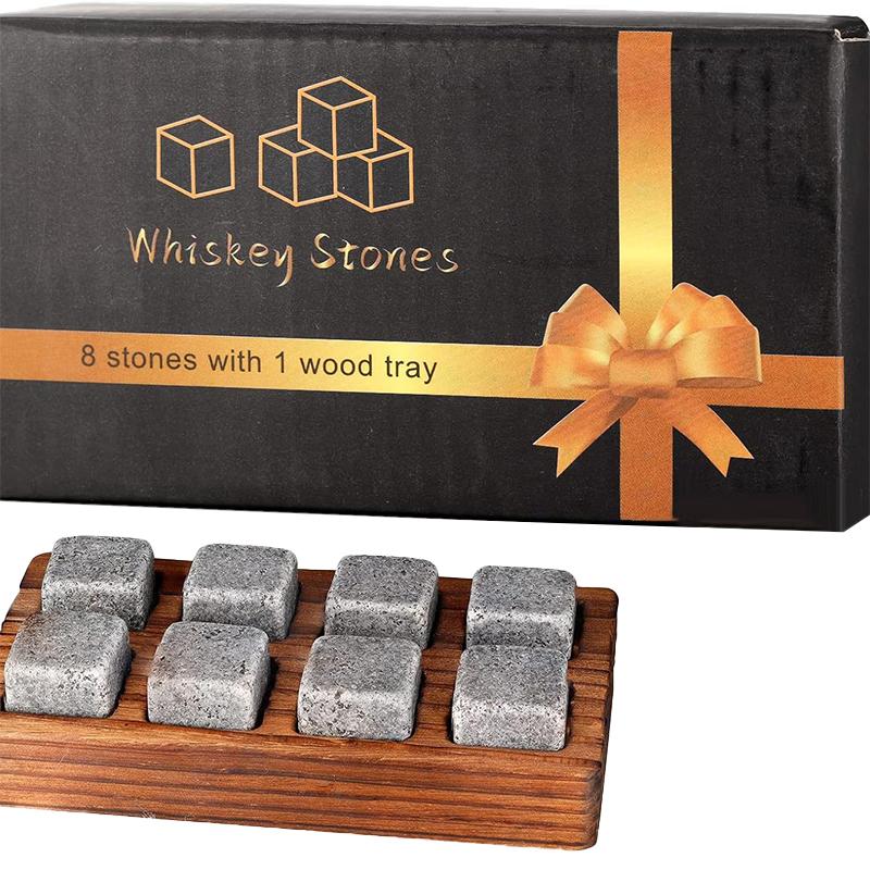 Whiskey Stones And Whiskey Glass Gift Set Of 4, For Men | Father's Day, 6 Granite Whiskey Stones, 2 Whiskey Glasses,1 Wooden Box