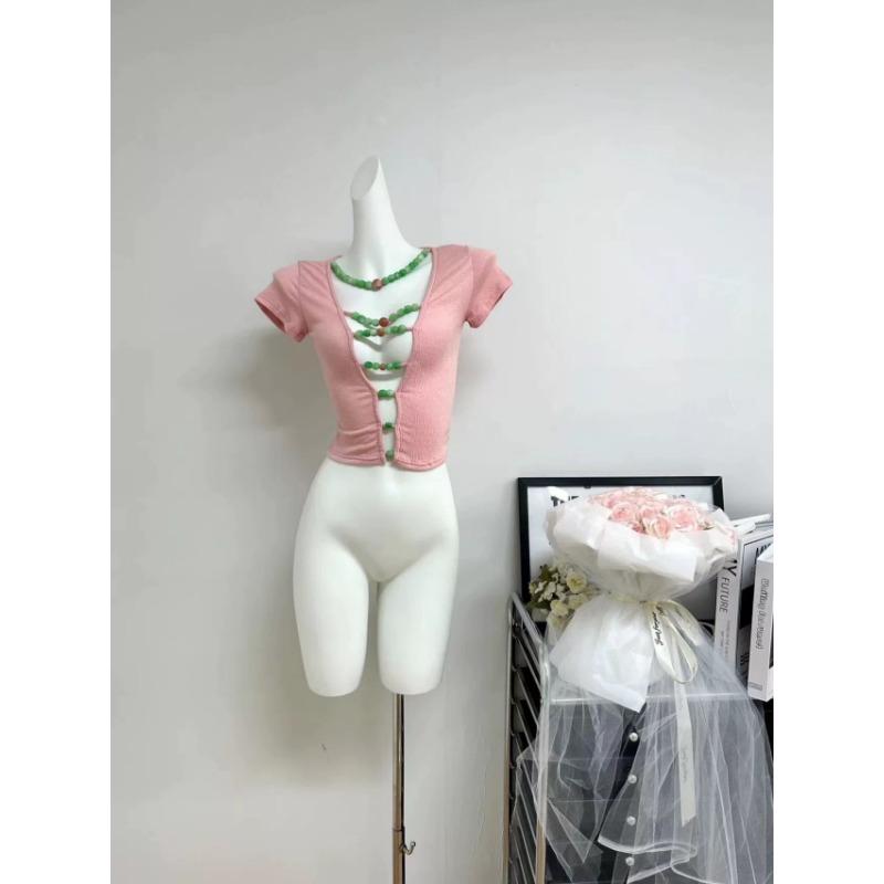 

Японские топы Y2k Hollow Out Vintage Harajuku Beaded T Shirt Эстетика 2000-х Футболки с коротким рукавом Трикотажные футболки Американское ретро S розовый