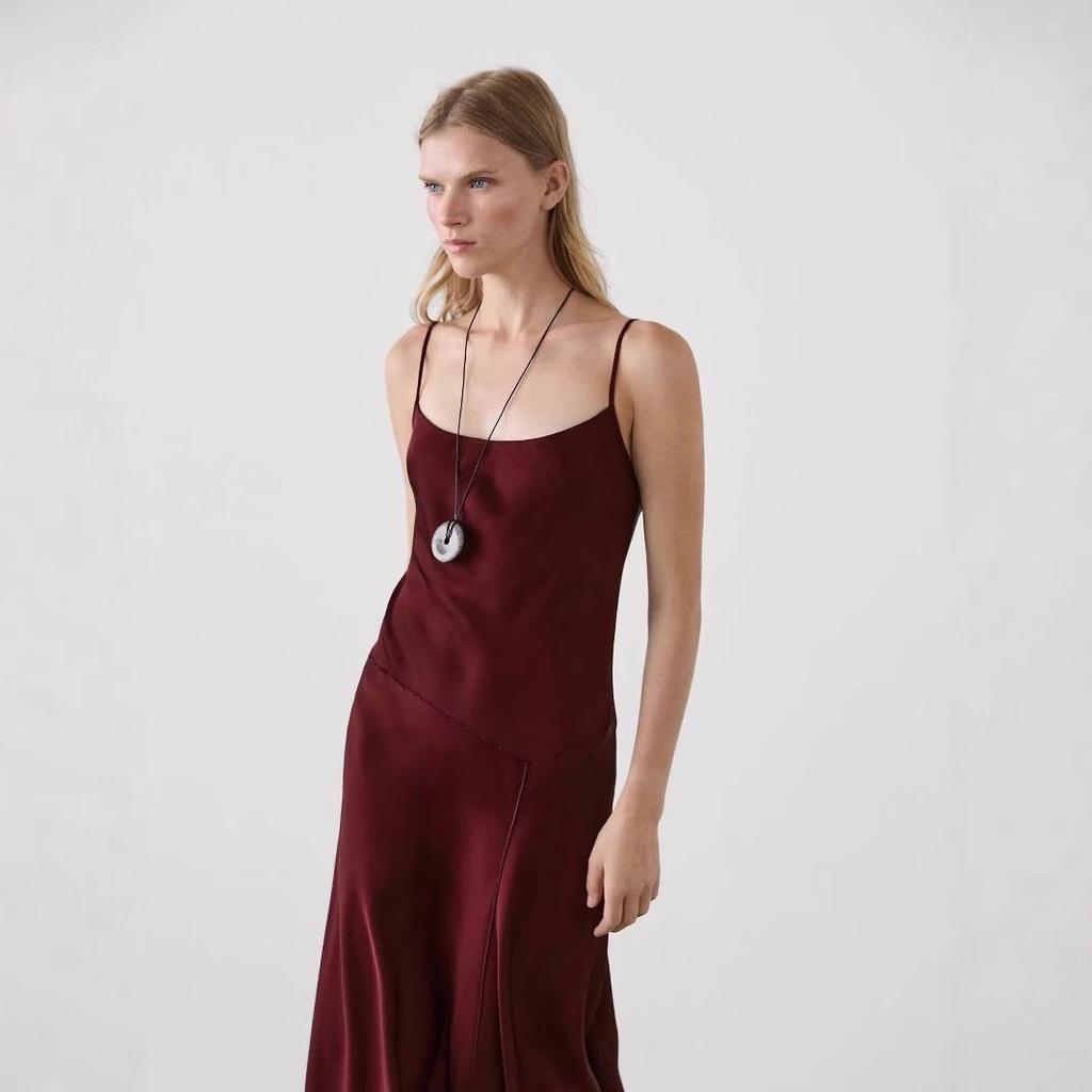 European & American Women's Autumn Burgundy Draped Sling Dress - Elegant & Lazy French Style