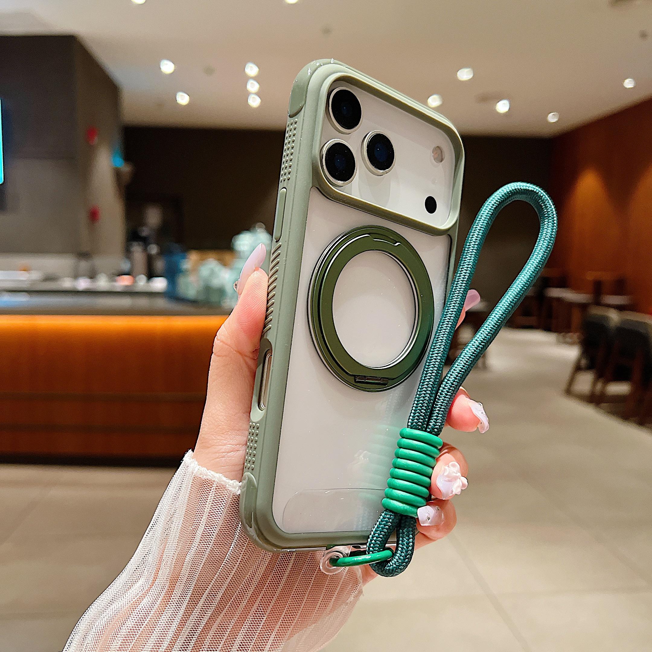 

For iPhone 17 Pro Magnetic Case Stress Relief Kickstand TPU+PC Transparent Phone Cover with Wrist Strap Army Green