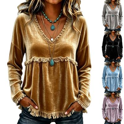 Women's Casual V-Neck Long Sleeve Hem Top Loose Fit Color Blouse Shirt