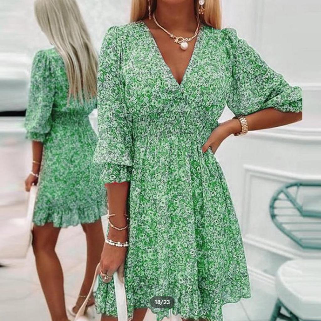 Damen-Kleid, lässig, modisch, kurzärmelig, V-Ausschnitt, Chiffon, Blumenmuster, Kunststoff-Taille