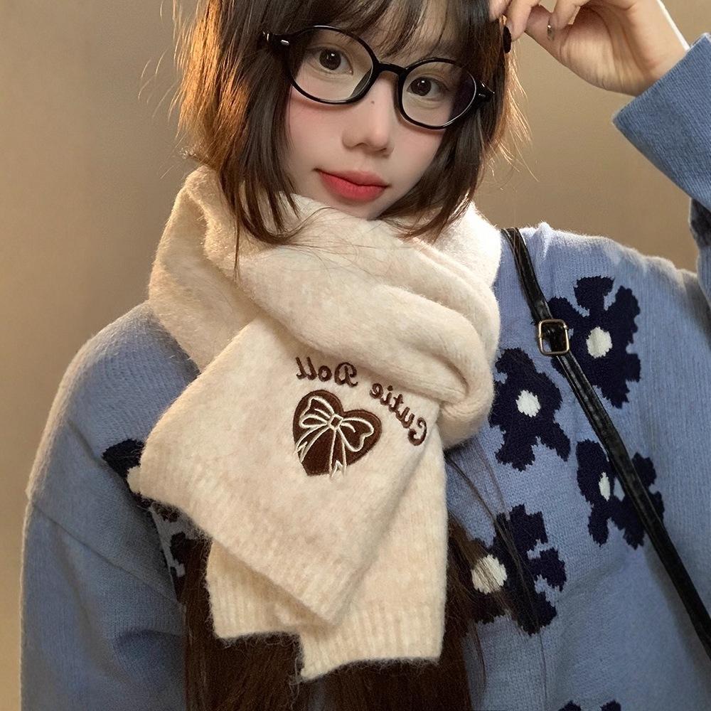 Love Bow Embroidered Scarf Women's Winter New Korean Versatile Warm Scarf Hand-knitted Student Couple