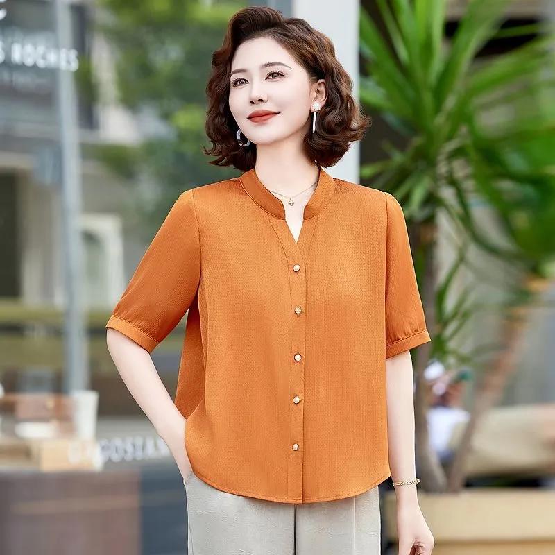 Women Stand Collar Half Placket Mid Sleeve Solid Chiffon Blouse Three Colors Available
