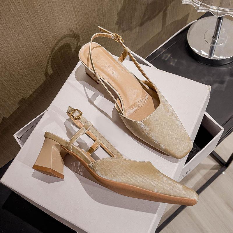 French thick heel rear empty single shoes bag head sandals women's 2025 new summer green rear strap square head high heels