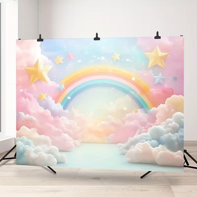 Sfondo Fotografico Nuvola Arcobaleno Pastello Stella 2D per Baby Shower Compleanno Bambini