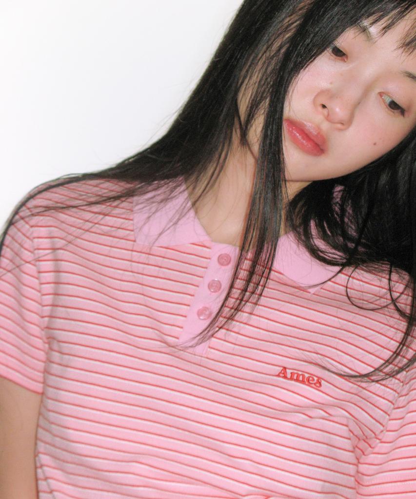 AMES-WORLDWIDE Basic Stripe Collar Tee Pink