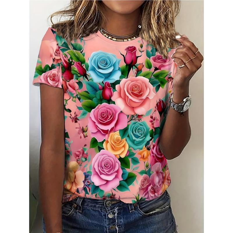 

Ladies Casual Short Sleeved T-shirt - Vibrant Full Print Pink Roses and Green Leaves, a Must-have for Spring, Summer, and Autumn, Ladies T-shirt XL