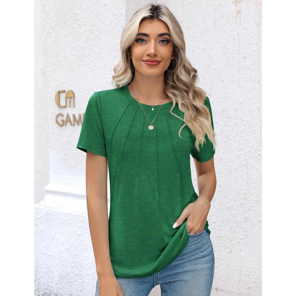 Damen gerafftes Rundhals-Kurzarm-T-Shirt Top, Beliebte lässige Mode-T-Shirts für Damen, Grenzüberschreitende Damenbekleidung für Europa und Amerika