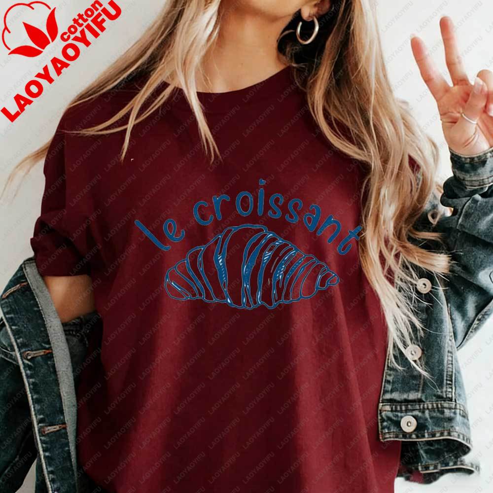 Damen Minimalist Le Croissant T-Shirt Französisch Blau Linienkunst Grafik-T-Shirt Baumwoll-T-Shirt Sommer Ästhetik Pariser Essensliebhaber Oberteile
