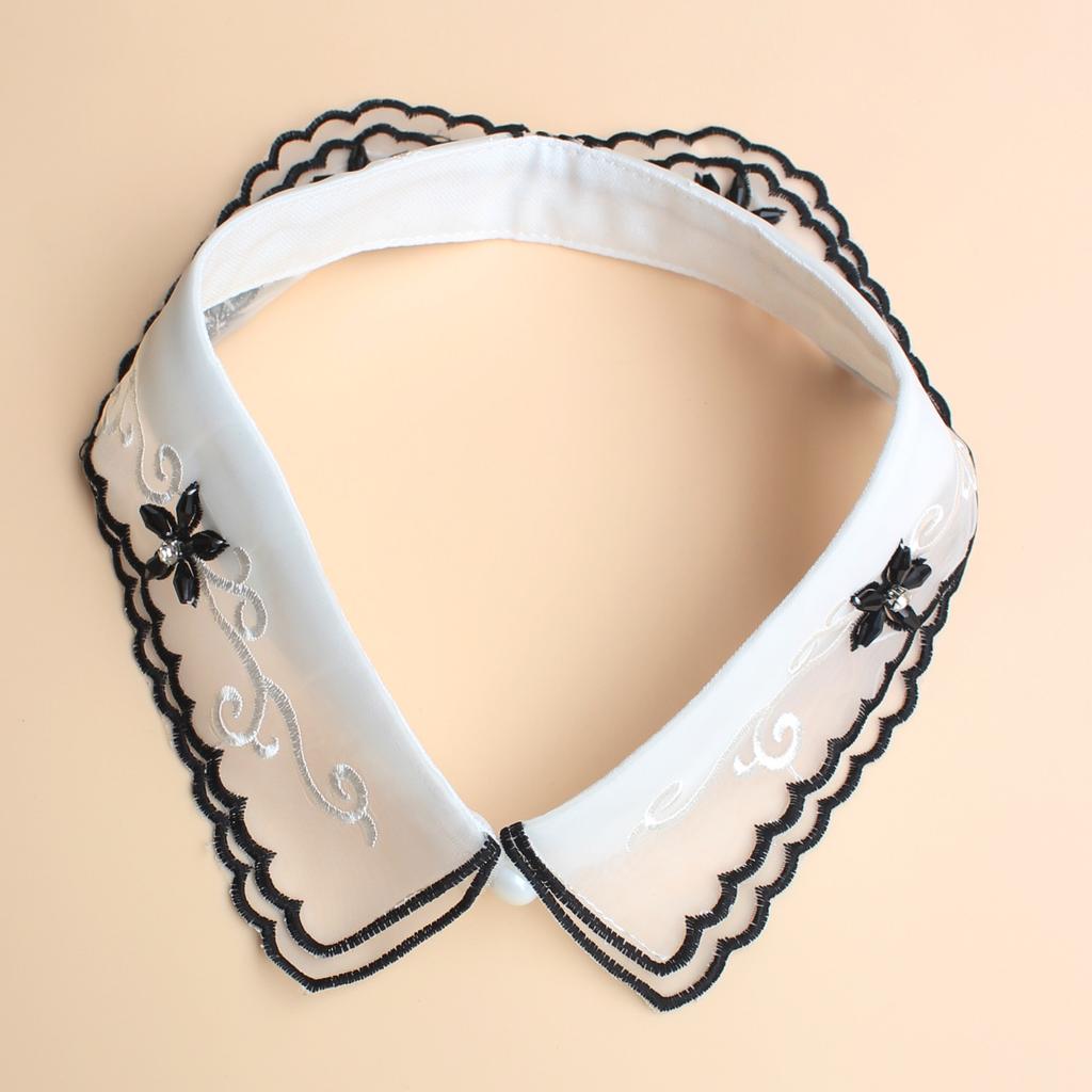 Elegant Embroidered False Collar for Ladies. Double-layer Wavy Lace Collar. Beaded and Diamond-studded Style. Mesh, Breathable.