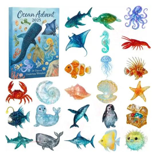 

Рождественский Адвент-календарь с морскими животными 24-дневный календарь обратного отсчета до Рождества с 24 коллекционными украшениями в виде морских животных, сувенир для фестивальной вечеринки, подарок A