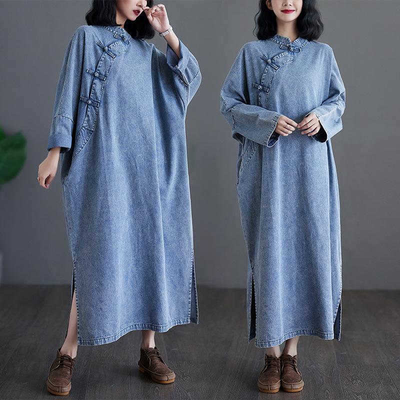 Spring Autumn Vintage Women Denim Dresses Vestidos Robe Elbise Loose Plus Size Fashion Long Sleeve Long Dress