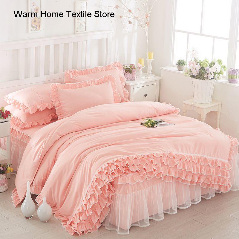 Korean Princess Duvet Cover 4 Piece Set Solid Color Ruffles Lace Quilt Cover And Pillowcase For Girl Woman Romantic Bedspread