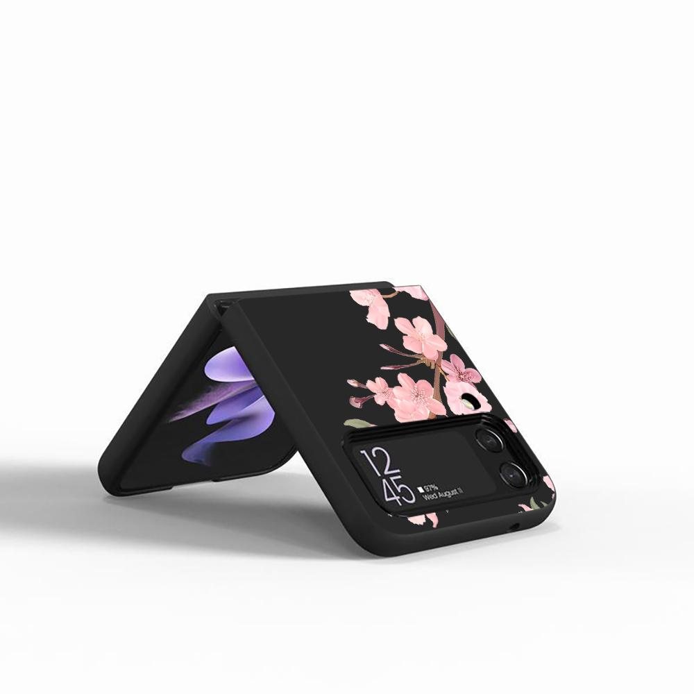 Case for Samsung Galaxy Z Flip4 Flip3 5G Black Phone Coque Z Flip 4 3 Hard PC Luxury Cover Zflip3 Cherry Blossom Pink Letter