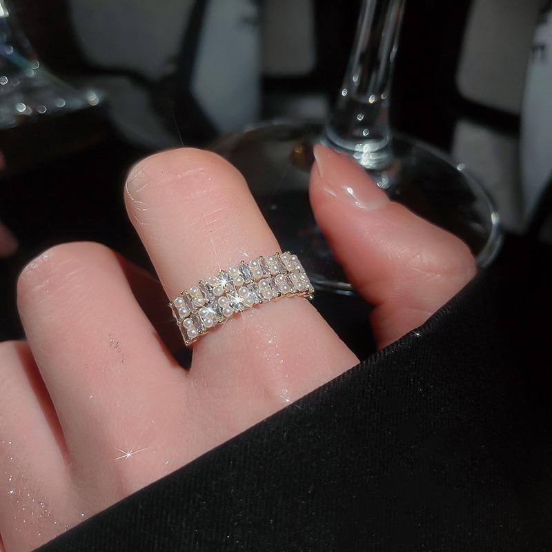 Cold wind zircon pearl opening ring Korean elegant temperament versatile index finger ring light luxury high-end jewelry women