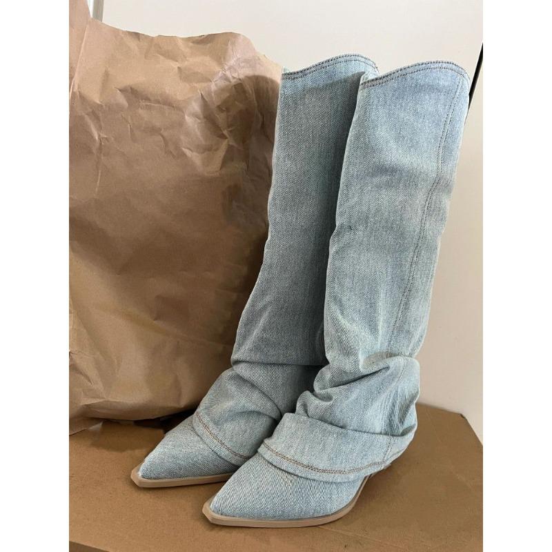 Women Pleated Blue Denim Boots New Square Heel Middle Heels Pointed Toe Women Shoes Retro Knee-High Long Boots Large Size 39- 42