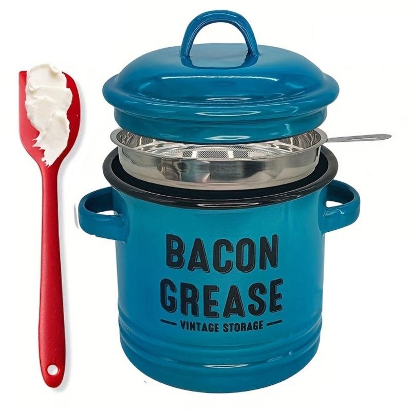 

Multipurpose Enamel Grease Keeper With Strainer And Silicone Spatula For Preserving Bacons Drippings Fat And Kitchen Use синій