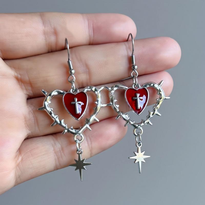 Jun'an Original Punk Gothic Thorn Heart Cross Earrings for Women