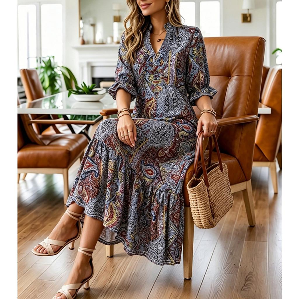 Summer Women's Floral Print V-neck Half Sleeve Dress, Casual Fashion Casual Dress for European American