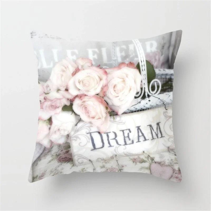 Rose Flowers Polyester Cushion Cover  Nordic Style Home Decoration Throw Pillow For Sofa Bed Car Pillow Case