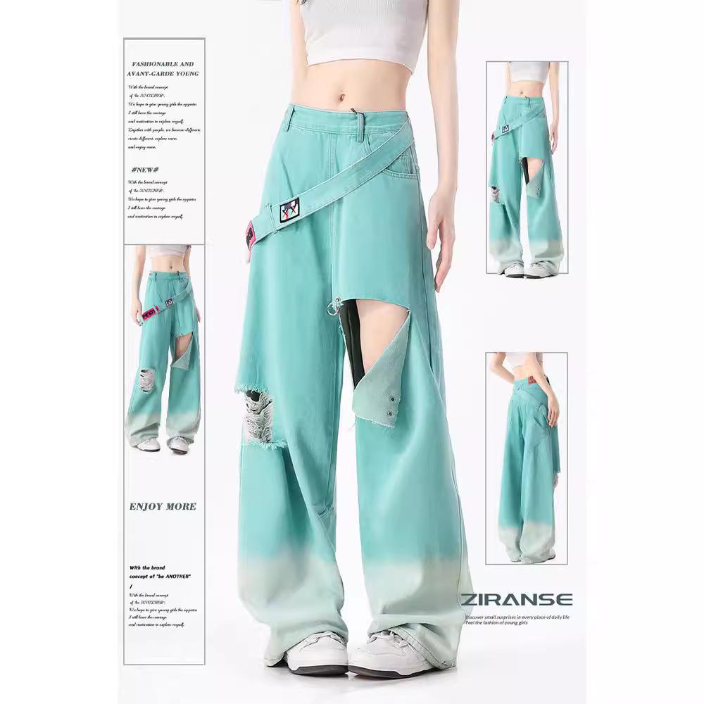 Damen Sommer Retro Mintgrüne Weitbeinige Zerrissene Jeans