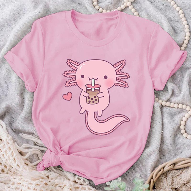 Cute Cute Axolotl Drink Boba Tea Graphic Print T-Shirts For Women Summer Lovely Short Sleeve Casual T-Shirts Funny Ladies Tops