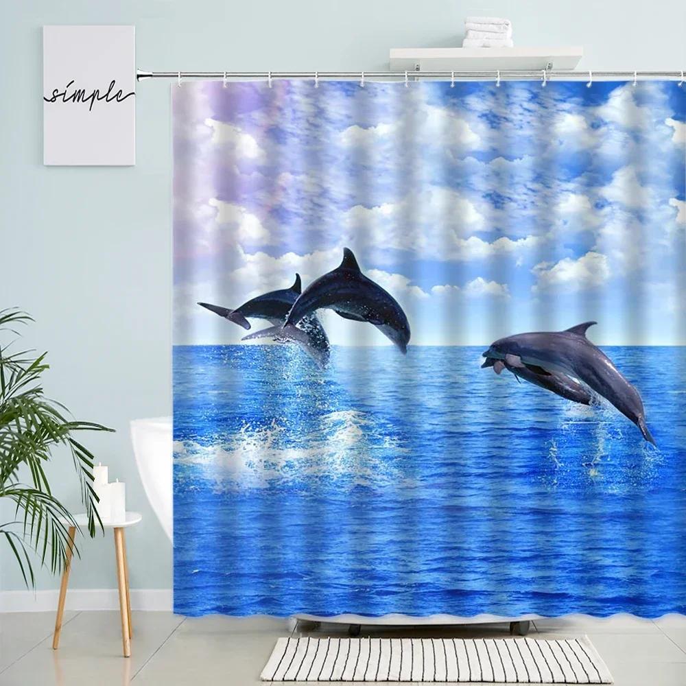 Funny Dolphin Shower Curtains Sunset Ocean Animals Tropical Fish Coral Children Bathroom Decor Polyester Bath Curtain with Hooks