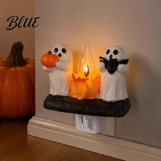 Halloween Party Lighting Pumpkin Ghost Night Light with Witch Hat Resin Soft Glow Plug-in LED Bedroom Light Spooky Wall Sconce for Home Decorative