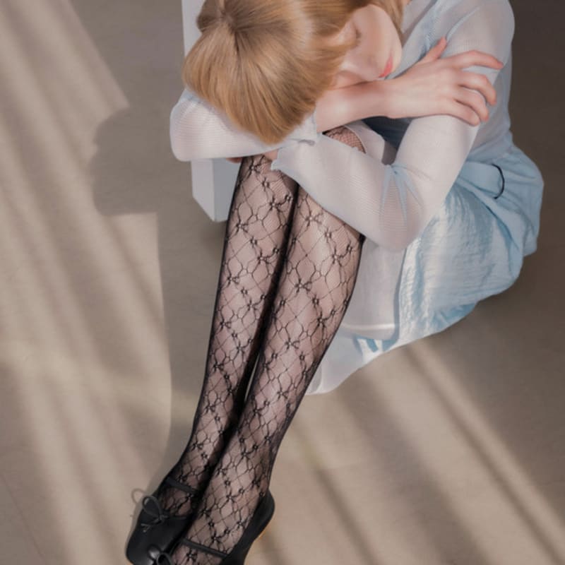 I Hate Monday [IHM2302ST09]Flower Jacquard Lace Stocking Black